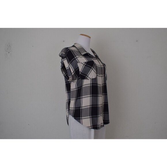 Jacks Girlfriend Womens Plaid Rayon Button Up Blouse Cuffed Sleeve‎ size M - Picture 4 of 13